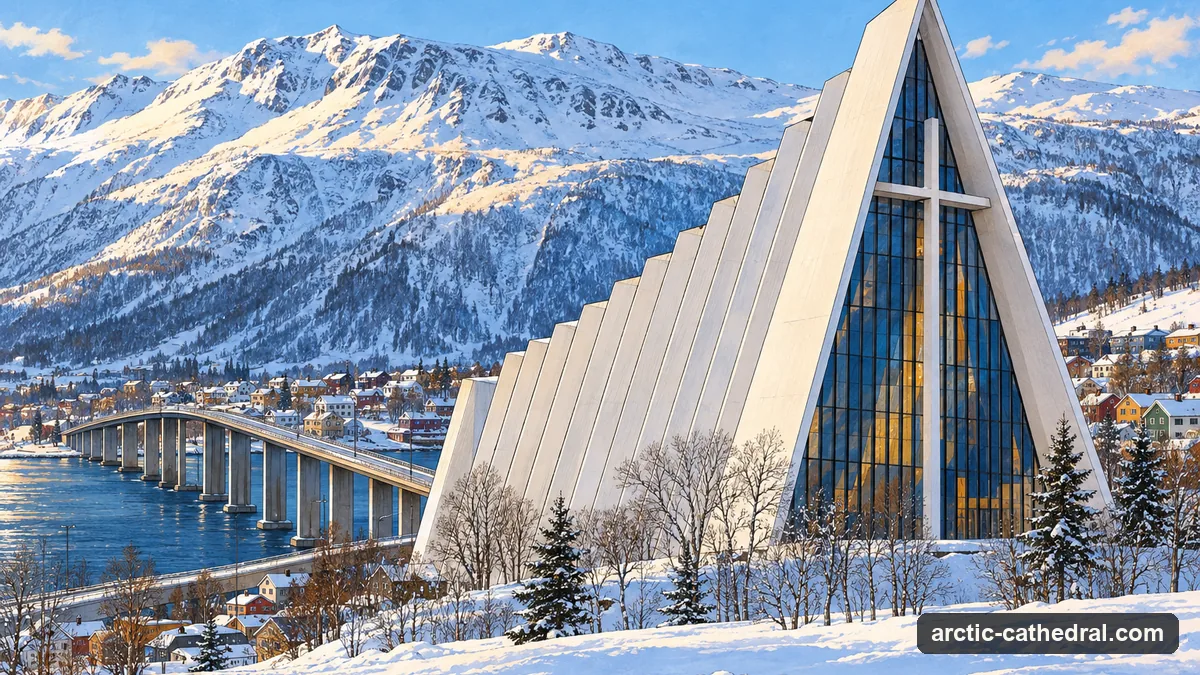 Illustration: a white triangular church seen from the side, its roof made of overlapping stepped panels that rise towards a tall glass front with a cross, snow on the ground and mountains behind