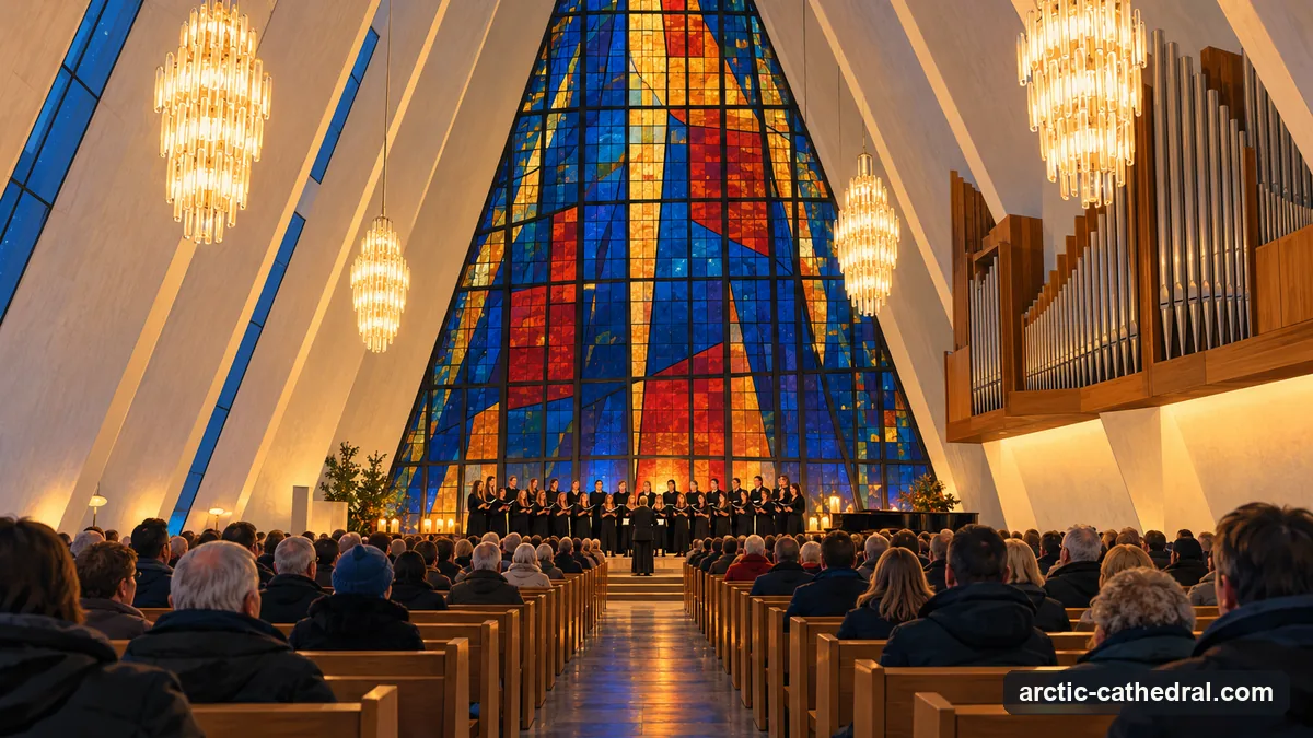Illustration: an audience seated on plain wooden pews inside a tall triangular church in the evening, a choir standing in front of a large stained glass wall, warm light from prism chandeliers