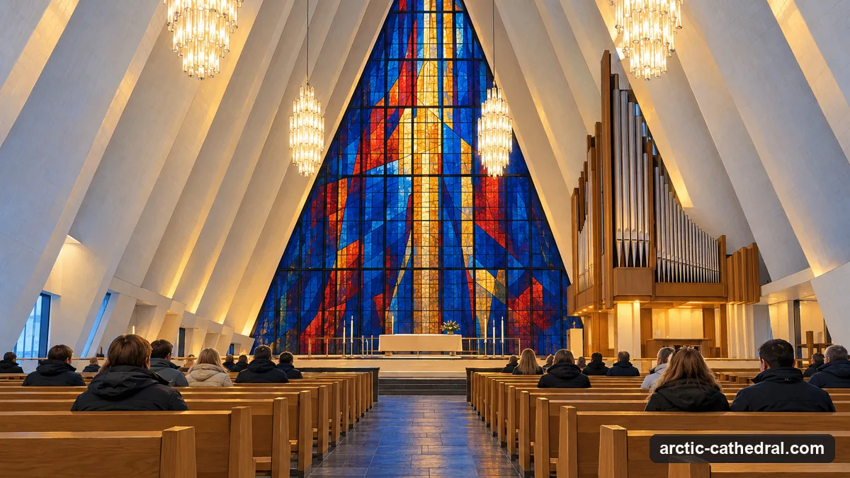 Illustration: inside a tall triangular church, rows of plain wooden pews leading to a huge stained glass wall in deep blues, reds and gold behind the altar, prism chandeliers hanging from the ceiling