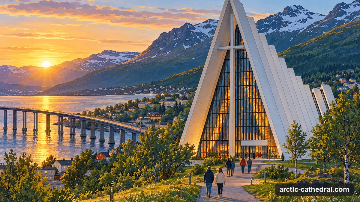 Illustration: a white triangular church beside a strait under a low golden sun at night in summer, mountains behind, a few people walking towards the entrance