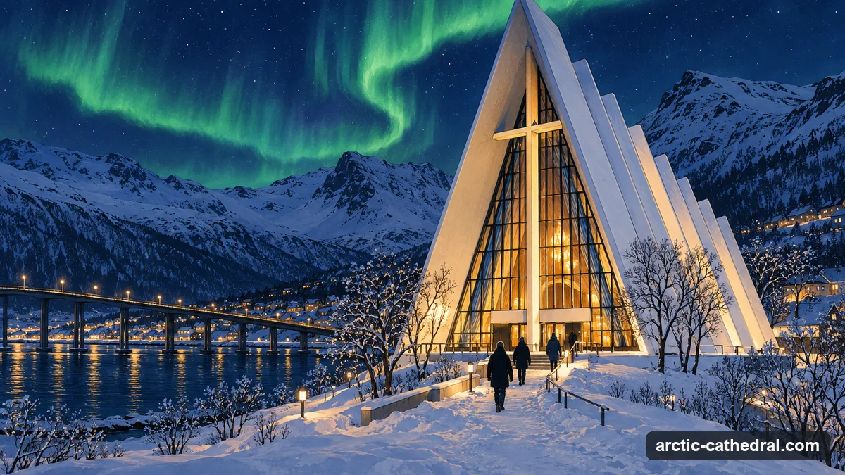 Illustration: a white triangular church lit from inside on a snowy winter night, green northern lights curving over the mountains behind it, a few people walking towards the glass entrance