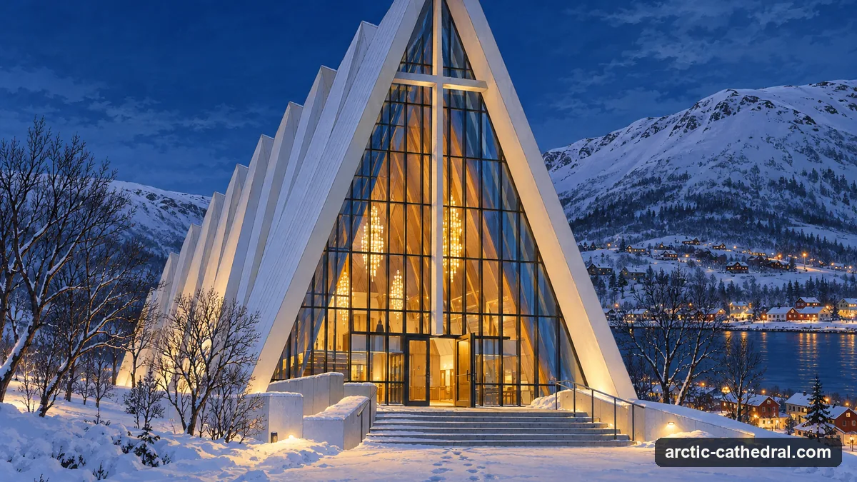 Illustration: the glass entrance of a white triangular church in the late afternoon in winter, a door half open with warm light inside, the sky already dark blue