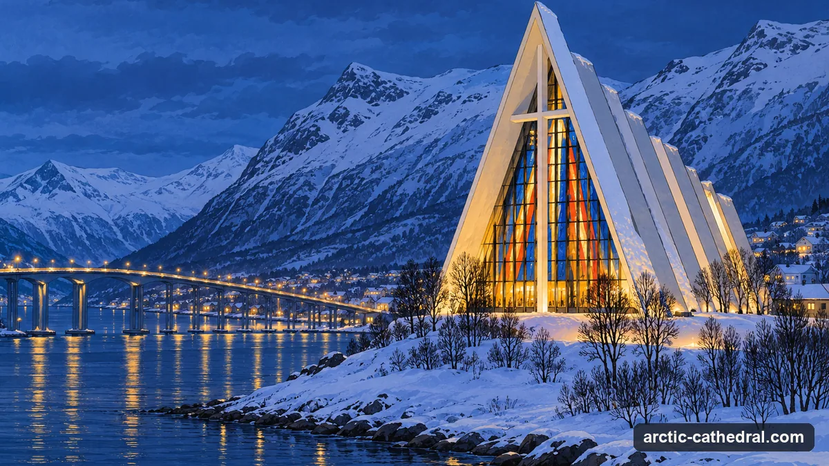 Illustration: a white triangular church lit from inside in the deep blue twilight of a polar-night afternoon, snow on the ground, mountains behind and the lights of a long bridge on the left