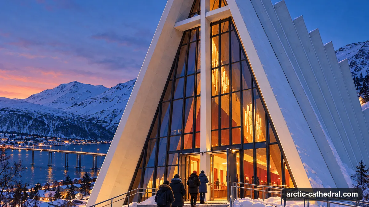 Illustration: the glass entrance of a white triangular church in winter dusk, a small queue of visitors in winter coats at the door, warm light inside